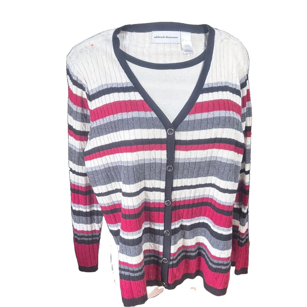 Alfred Dunner Layered Cardigan Sweater Size Medium Striped Long Sleeve